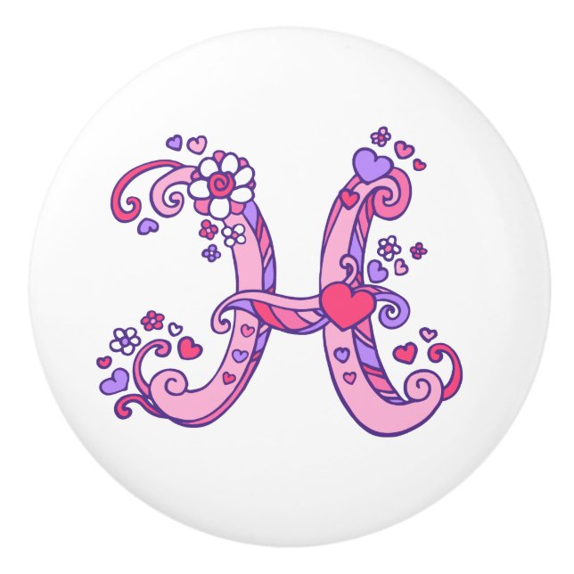 Letter H doodle art pink and purple handle knob (Front)