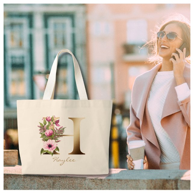 Letter H Elegant Floral Gold Monogram  Large Tote Bag (Creator Uploaded)