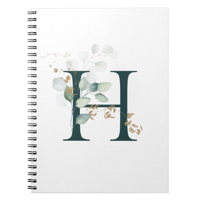 Letter H Eucalyptus and Gold Monogrammed  Notebook (Front)