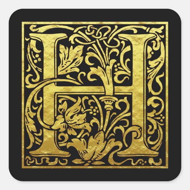 Letter H First Letter Faux Gold Black Square Sticker (Front)
