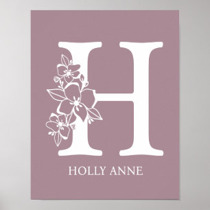 Letter H Floral Monogram Name Nursery Modern Poster