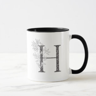 Letter H  Floral Monogrammed Black and White  Mug