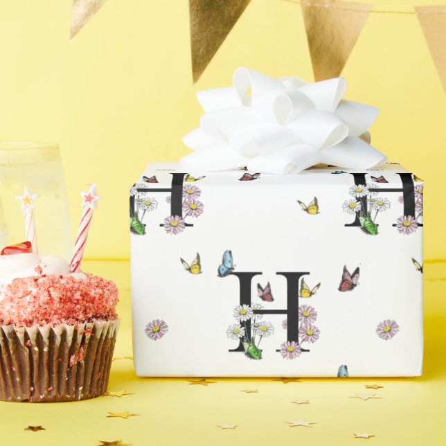 Letter H Floral Watercolor Butterfly Monogram    Wrapping Paper (Birthday Party)