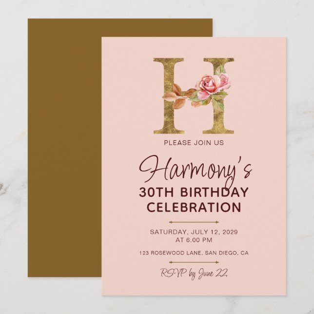 Letter H Gold Monogram Blush Pink Roses Invitation (Front/Back)