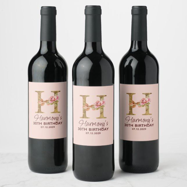 Letter H Gold Monogram Blush Pink Roses Wine Label (Bottles)