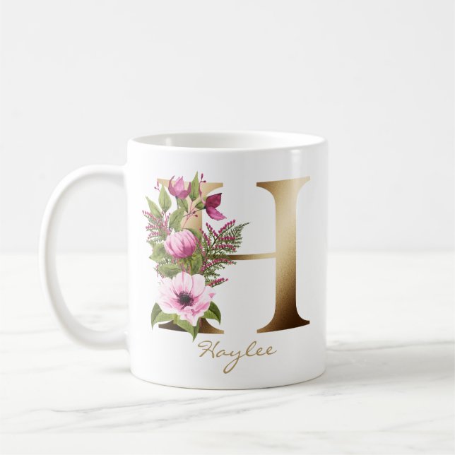 Letter H Gold Monogram | Pink Magenta Floral Coffee Mug (Left)