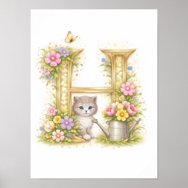 Letter H Gold Spring Nature Monogram Kitten Kids  Poster (Front)