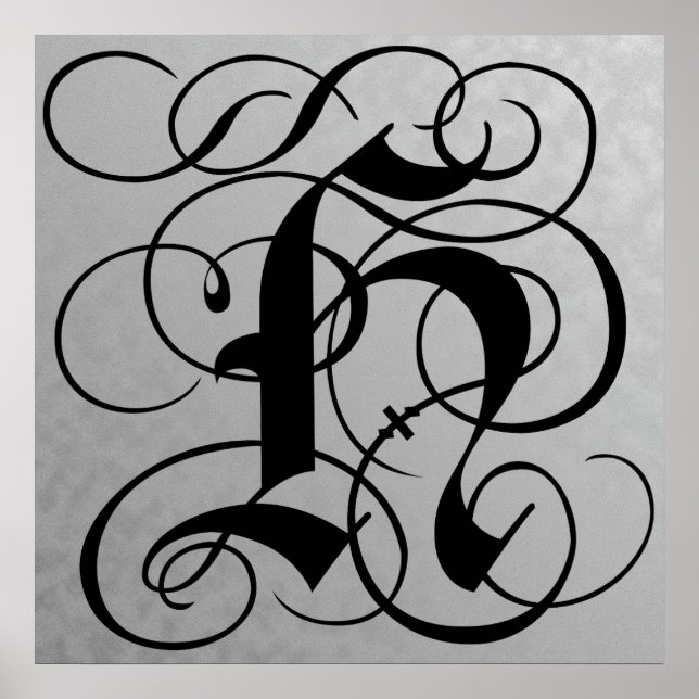 Letter H, Gothic Monogram Black Poster (Front)