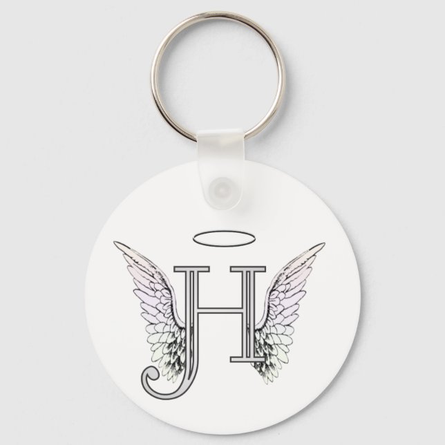 Letter H Initial Monogram with Angel Wings & Halo Key Ring (Front)