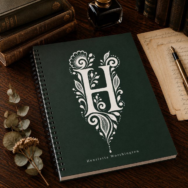 Letter H Linocut Botanical Monogram Notebook (Creator Uploaded)