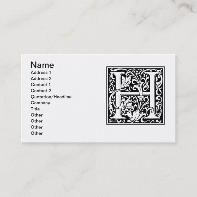 Letter H Mediaeval Monogram Art Nouveau Business Card (Front)