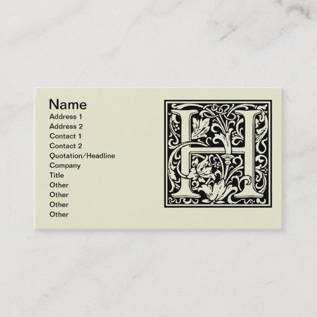 Letter H Mediaeval Monogram Art Nouveau Business Card (Front)