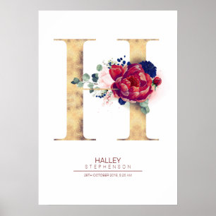 Letter H Monogram Floral Navy Blue and Burgundy Poster