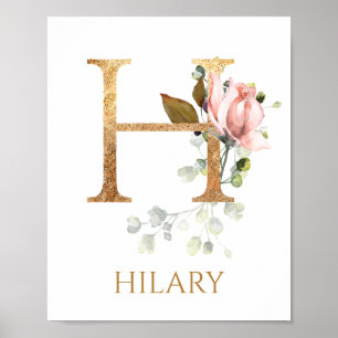Letter H Monogram Pink Peach rose Nursery Poster