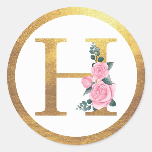 Letter H Monogram Pink Roses Floral & Elegant Gold Classic Round Sticker (Front)