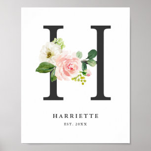 Letter H Monogram Watercolor Peach Florals Nursery Poster