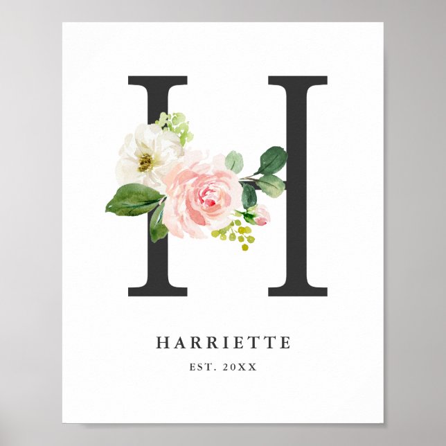 Letter H Monogram Watercolor Peach Florals Nursery Poster (Front)