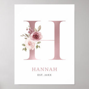 Letter H Monogram Watercolor Rose Florals Nursery  Poster