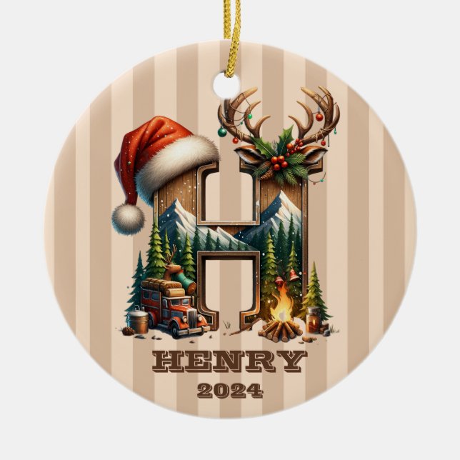 Letter H Rustic Holiday Monogram with Camper Scene Ceramic Tree Decoration (Front)