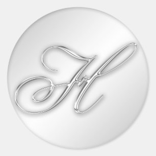 Letter H script initial faux silver monogram favou Classic Round Sticker