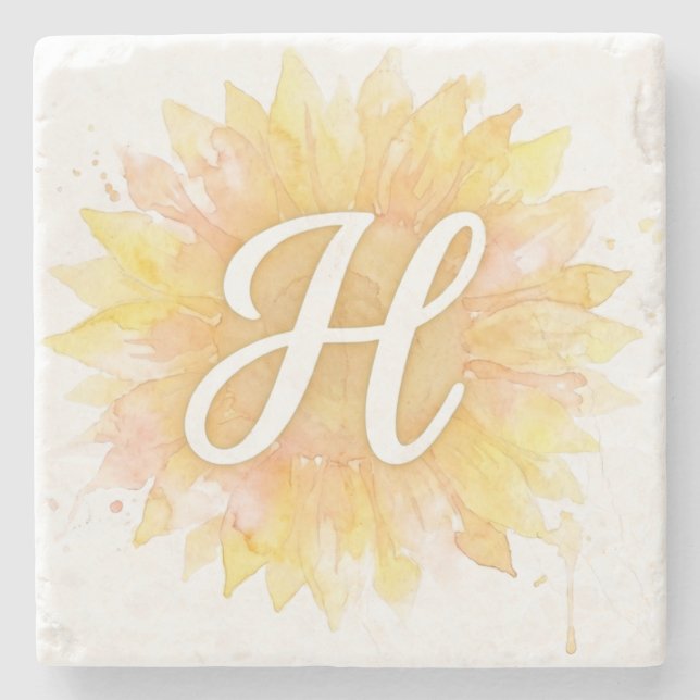 Letter H Sunflower First Name Monogram Initial  Stone Coaster (Front)