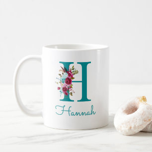 Letter H Teal Pink Floral Coffee Mug