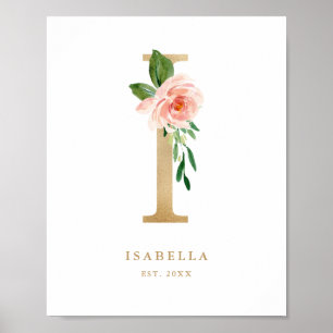 Letter I Blush Floral Monogram Gold Foil Nursery  Poster
