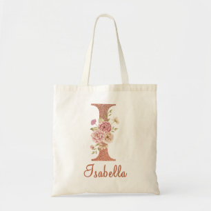 Letter I Blush pink Glitter Floral Monogram  Tote Bag