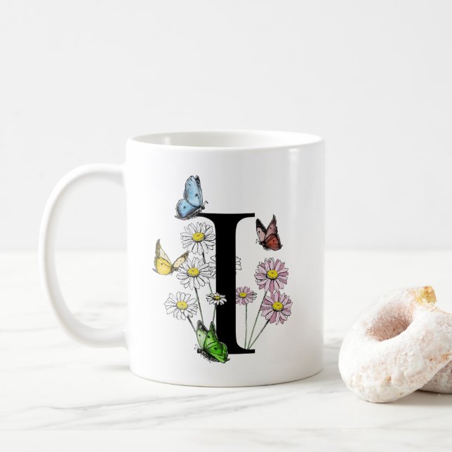  Letter I Botanical Watercolor Butterfly Monogram  Coffee Mug (With Donut)