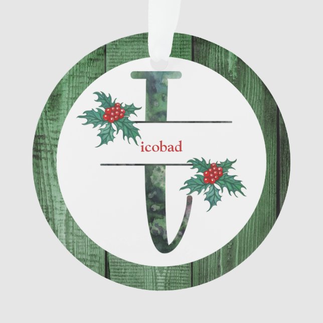 *~* Letter I  Christmas PHOTO Rustic Wood AP44  Ornament (Front)