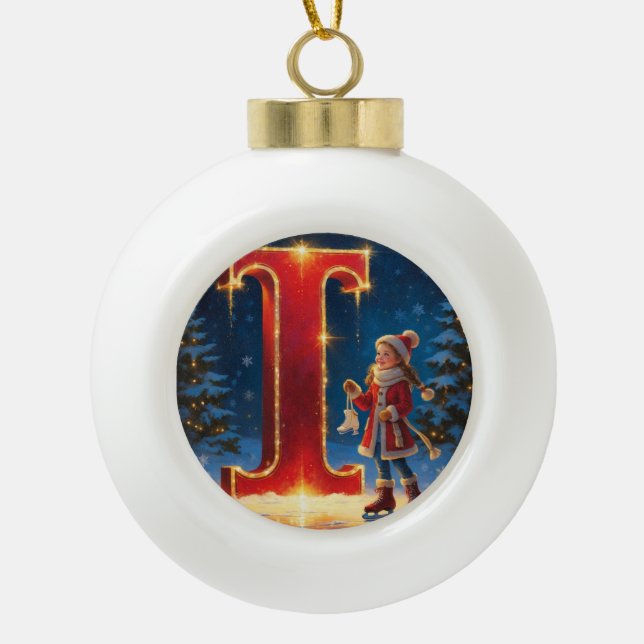 Letter I Christmas Skating Personalised Initial Ceramic Ball Christmas Ornament (Front)