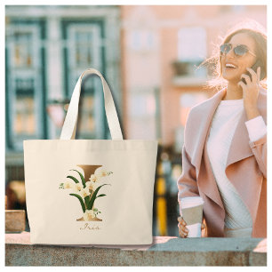 Letter I Elegant Floral Gold Monogram  Large Tote Bag