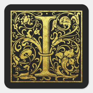 Letter I First Letter Faux Gold Black Square Sticker