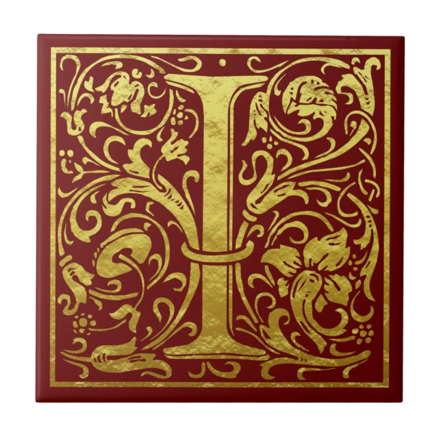 Letter I First Letter Faux Gold Red Tile (Front)