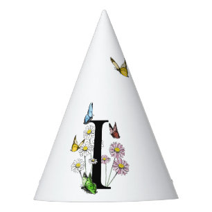 Letter I Floral Butterfly Monogram Initial Party Hat
