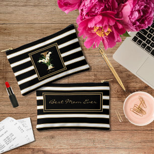 Letter I Floral Monogram Black White Gold Stripes Accessory Pouch