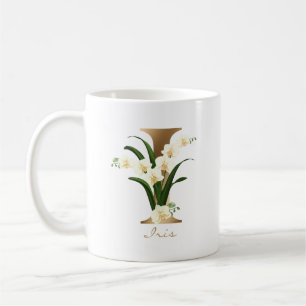 Letter I Gold Monogram White Floral Orchids Coffee Mug