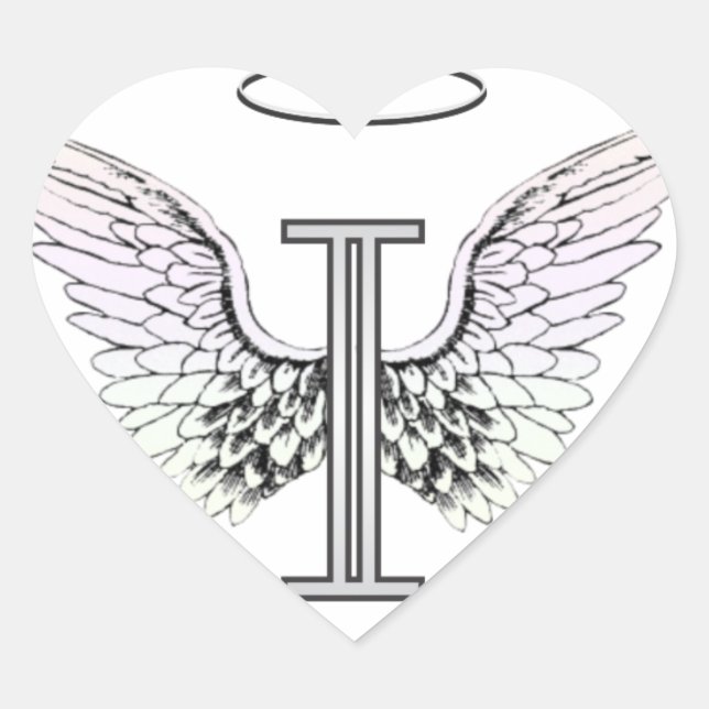 Letter I Initial Monogram with Angel Wings & Halo Heart Sticker (Front)