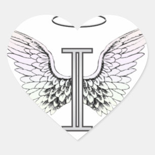 Letter I Initial Monogram with Angel Wings & Halo Heart Sticker