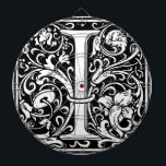 Letter I Mediaeval Monogram Art Nouveau Dartboard<br><div class="desc">This initial I is part of a complete series of upper case William Morris inspired typography initials. The black and white lettering is highly decorative, styled after the fancy typography of the middle ages. Cute and trendy, this is a vintage chic monogram I - letter I- swirly I . Customise...</div>
