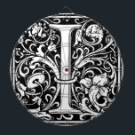 Letter I Mediaeval Monogram Art Nouveau Dartboard<br><div class="desc">This initial I is part of a complete series of upper case William Morris inspired typography initials. The black and white lettering is highly decorative, styled after the fancy typography of the middle ages. Cute and trendy, this is a vintage chic monogram I - letter I- swirly I . Customise...</div>