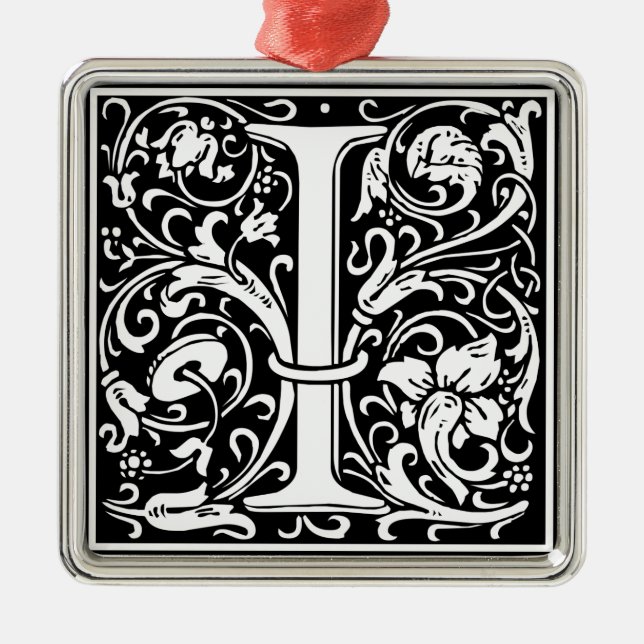 Letter I Mediaeval Monogram Art Nouveau Metal Tree Decoration (Front)