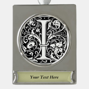 Letter I Mediaeval Monogram Art Nouveau Silver Plated Banner Ornament