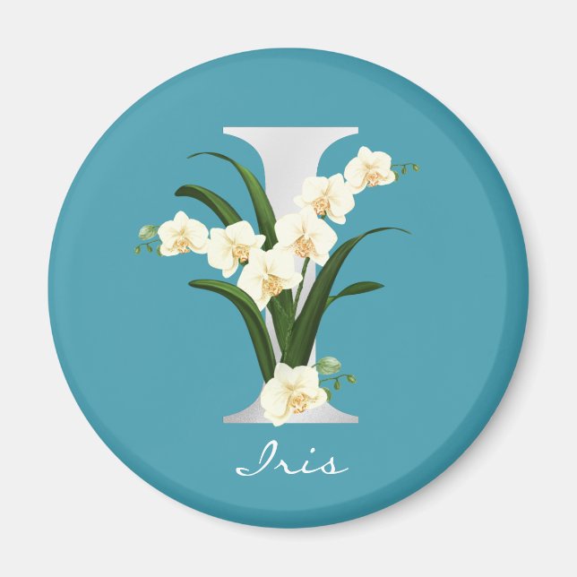 Letter I Metallic White Monogram Orchids | Name Magnet (Front)