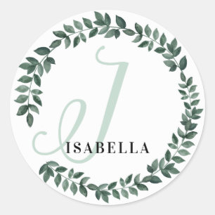 Letter I Monogram Custom Name Minimalist Botanical Classic Round Sticker