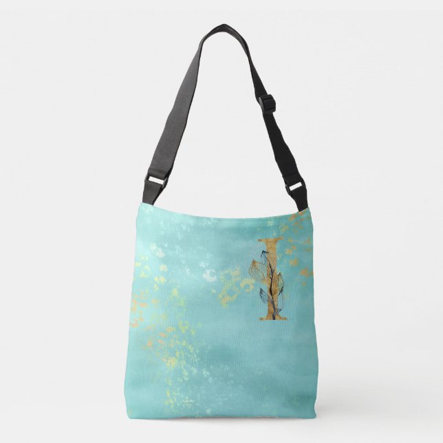 *~ LETTER I - Monogram Gold Glitter Turquoise Blue Crossbody Bag (Front)