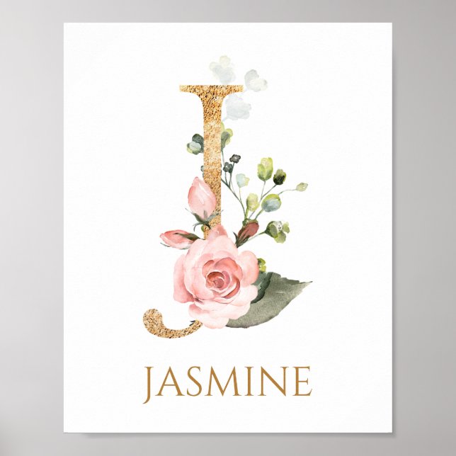 Letter I Monogram pink rose Nursery Poster (Front)