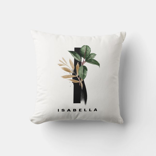 Letter I Monogram Tropical Greenery Gold Foil Cushion (Front)