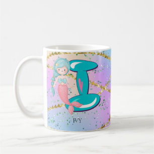 Letter I Monogram Watercolor Cute Mermaid Nursery Coffee Mug