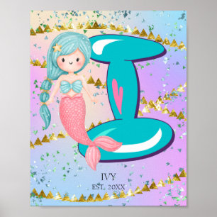 Letter I Monogram Watercolor Cute Mermaid Nursery Poster